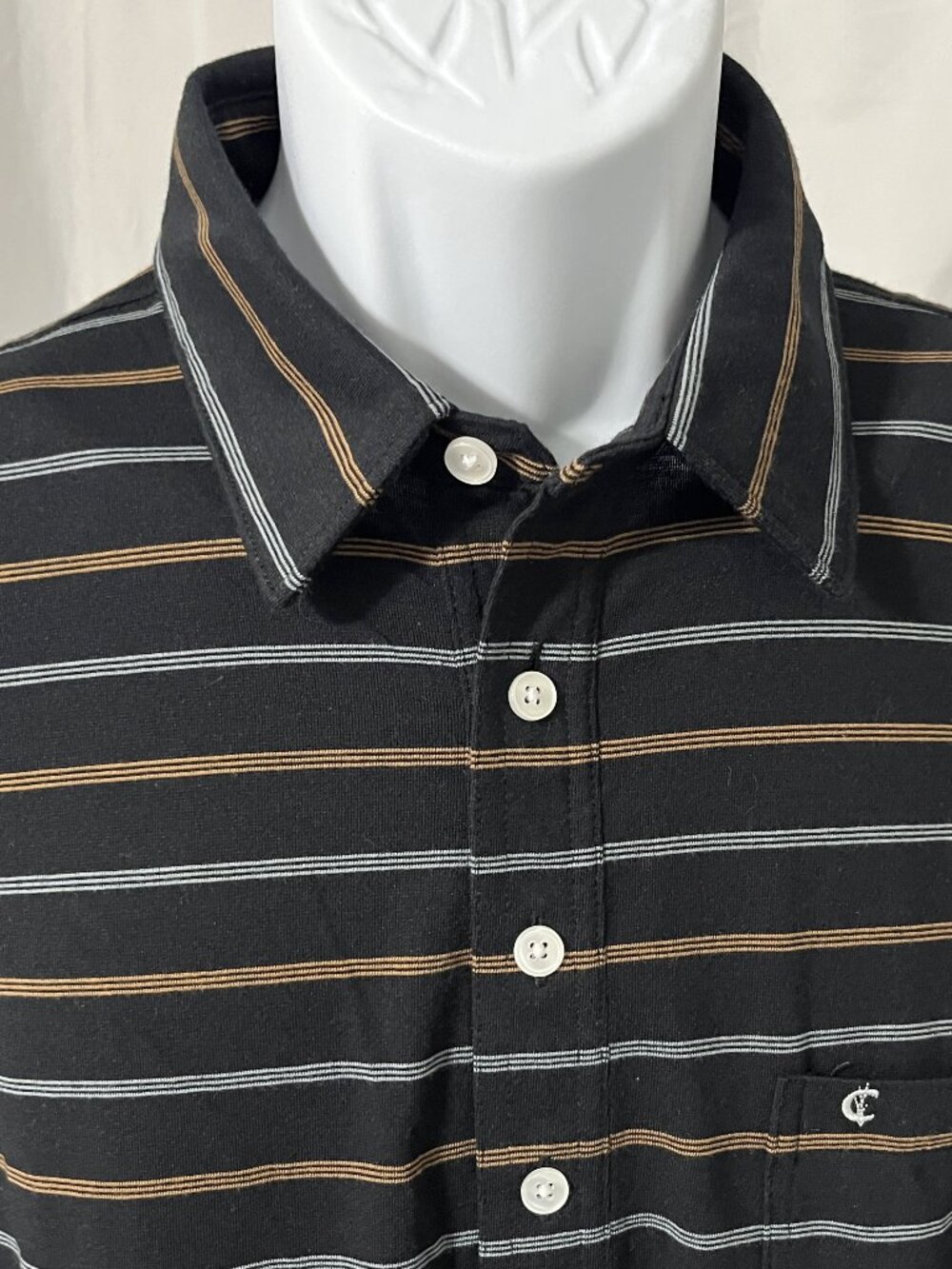 ⛳ Criquet Men’s L Black Gold White Striped Organic Golf Polo Shirt ⚫